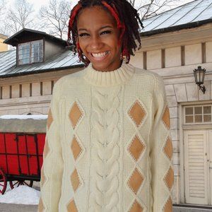 1970s Vintage Cable KNit and Leather Inset Sweater